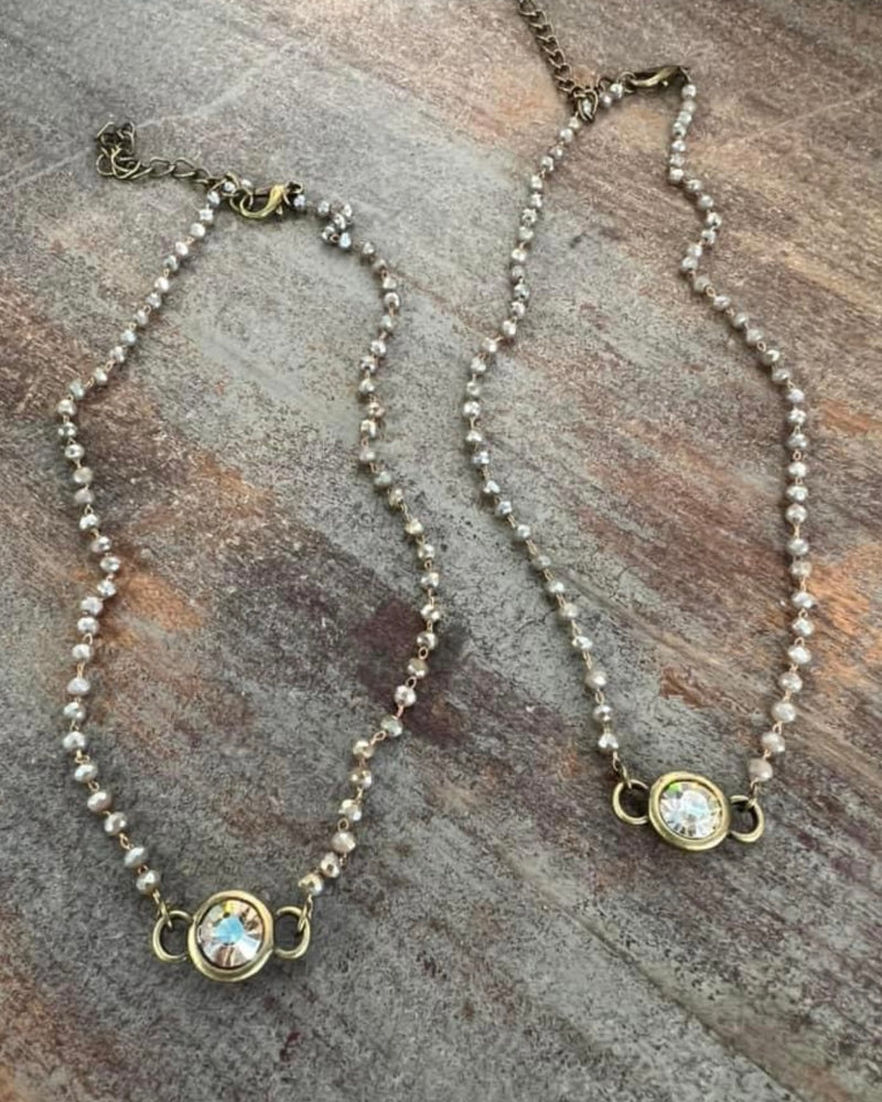 Small Dainty Choker Style Layering Petite Beaded Necklace w/Rhinestone