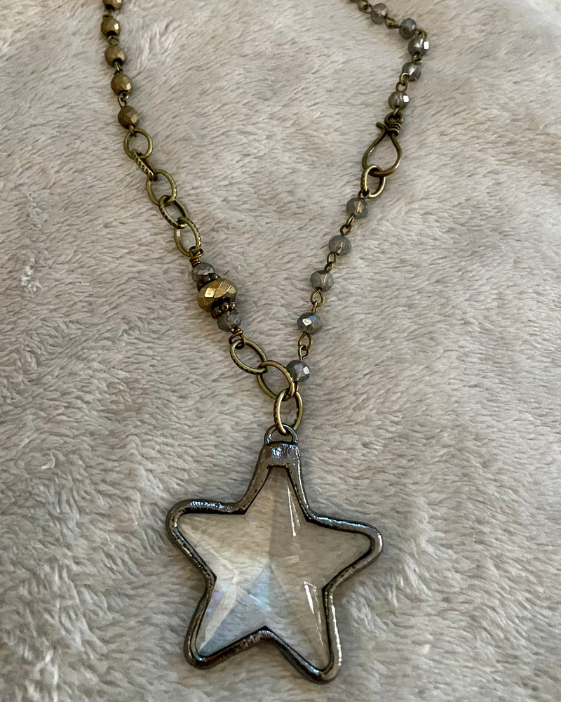Crystal Star Pendant in Shorter Style Necklace in Silver and Dark Gun Metal Vintage Style with Grey Beads