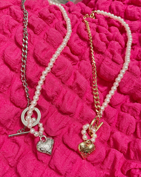 Pearl & Link Chain Necklace with Heart Pendant in Gold or Silver Tone