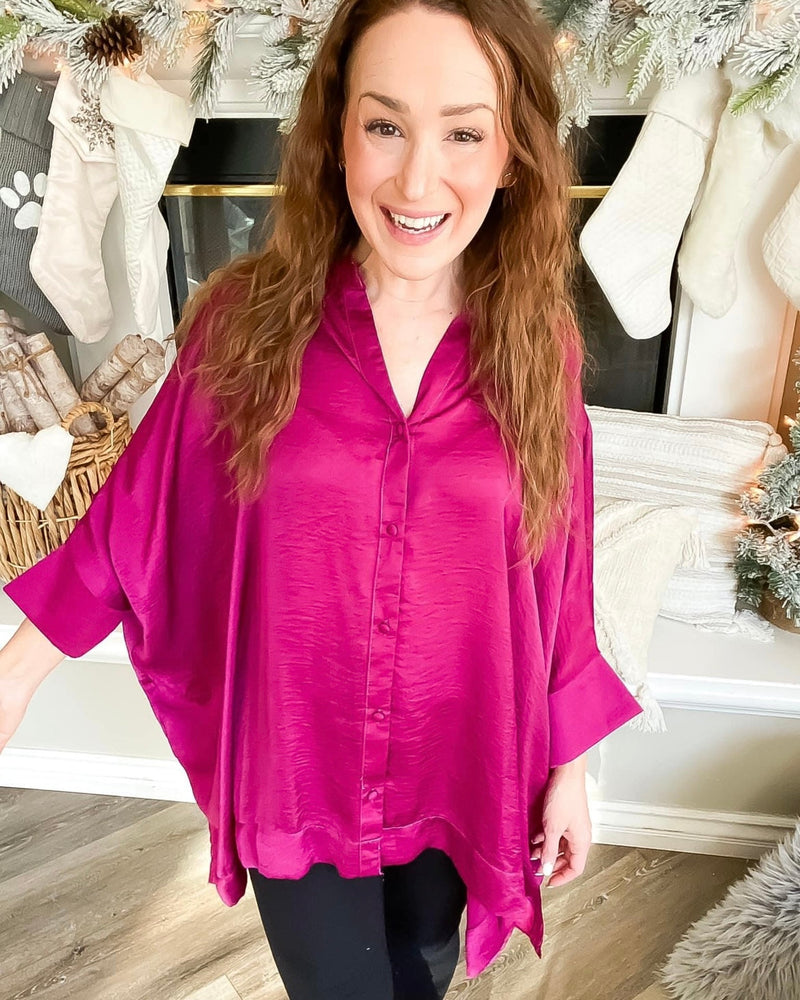 Oversized Black or Magenta Satin Flowy Boxy 3/4 Sleeve Button Front Blouse