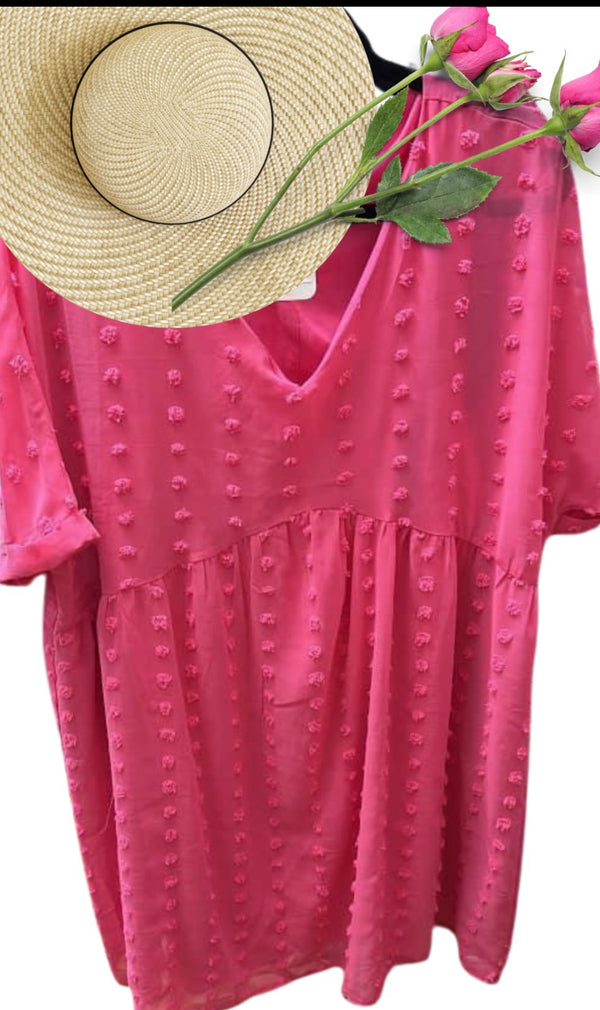 Plus Size Hot Pink Swiss Dot Short sleeve Dress
