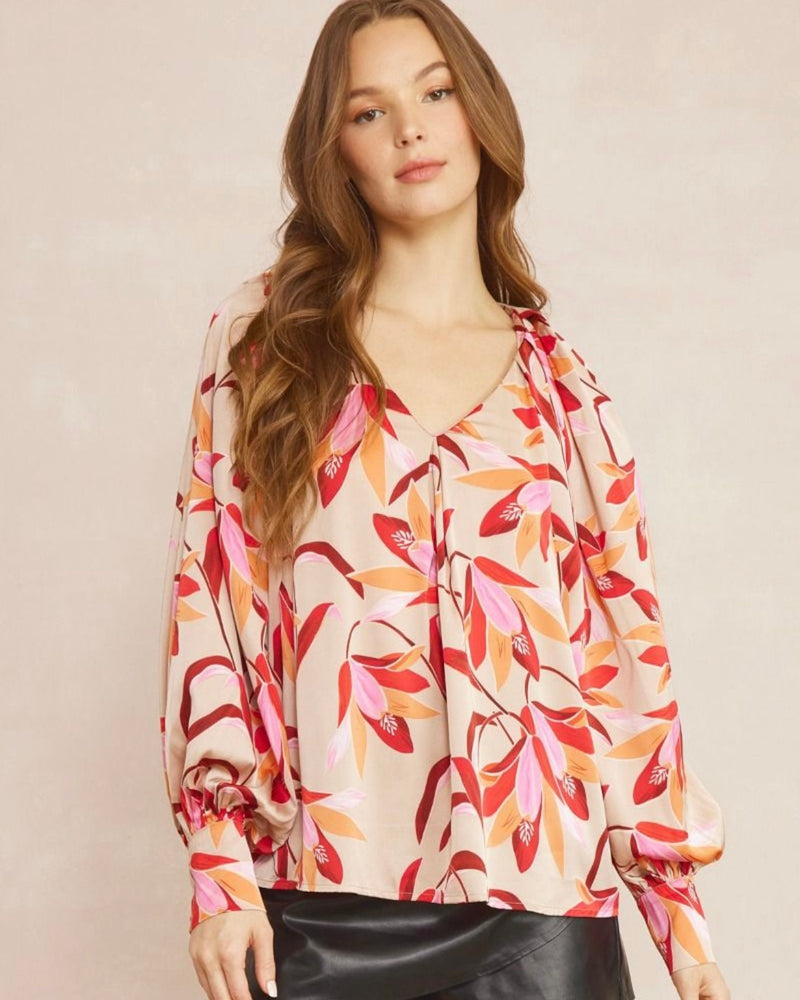 Pintuck Pleated Shoulder Tan Tropical Orange & Red Tulip Flowers Long Sleeve Top