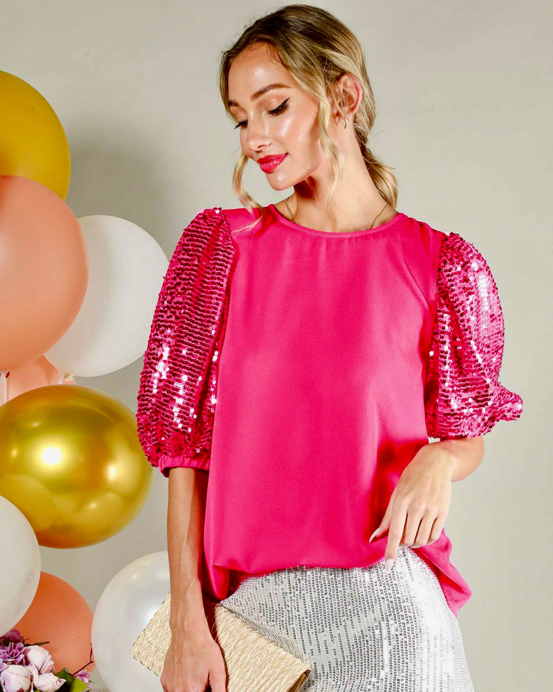 Hot Pink Round Neck Top with Short Bubble Sequin Sleeves