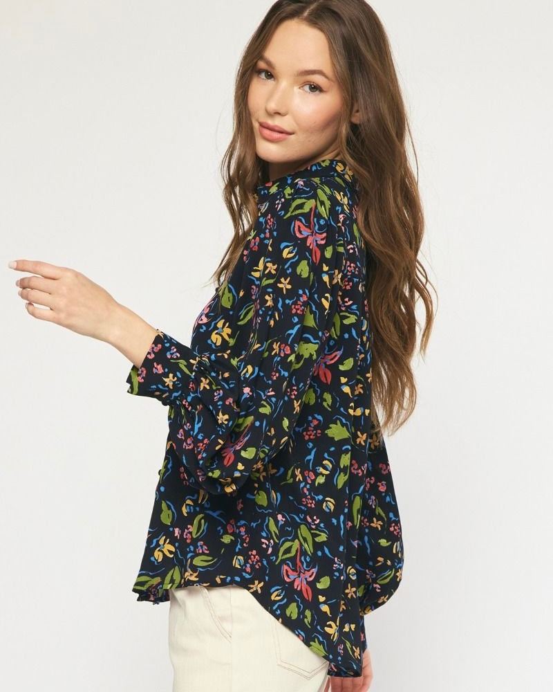 Black Multi Floral Print Collared Button Up Long Sleeve Balloon Blouse