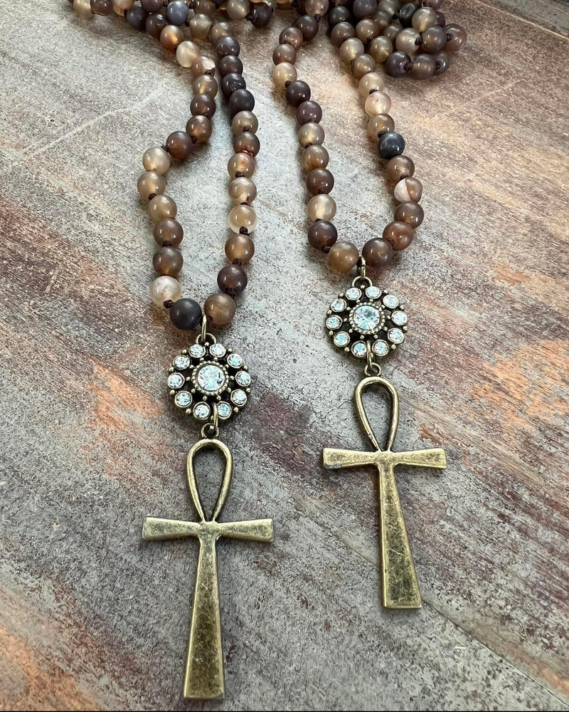 Single Cross Pendant on Long Brown Neutral Beads Necklace