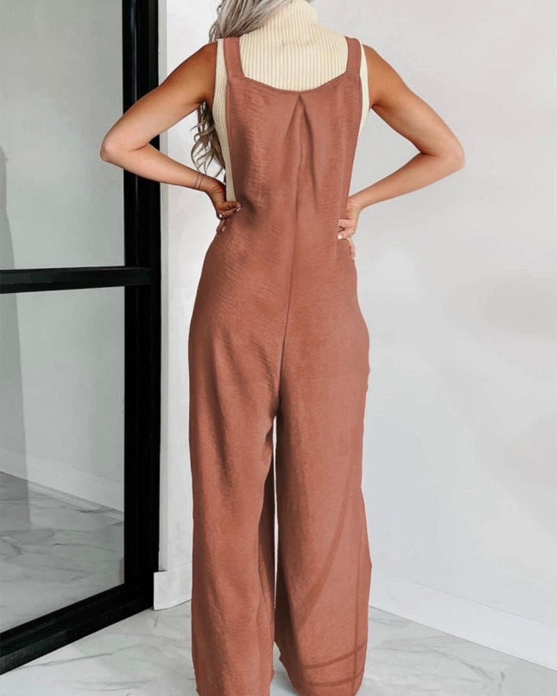 Terra Cotta Ribbed Sleeveless Coveralls Jumpsuit Pantsuit with Pockets