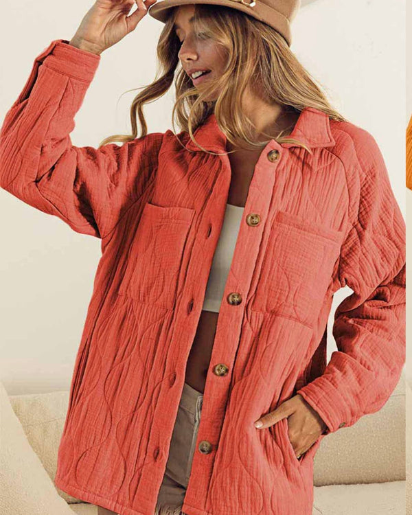 Coral Peach Button Front Quilted Wrinkle Gauze Raglan Sleeve Jacket w/Pockets