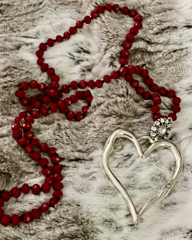 Long Pearl  or Red Bead Necklace with Silver Open Heart Large Pendant