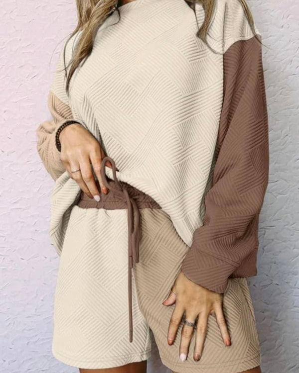 2 pc Tan & Brown Textured Shorts and Long Sleeve Pullover Lounge Set