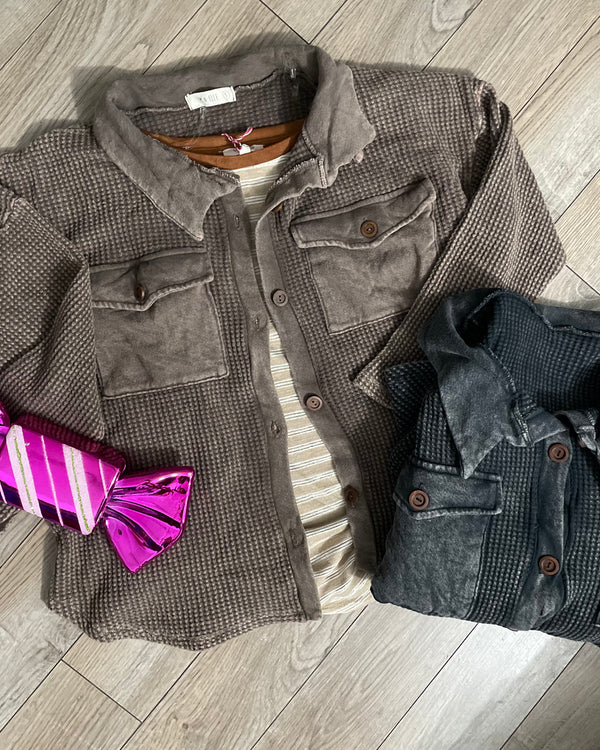 Brown Acid Wash Waffle Pocket Oversized Button Shacket