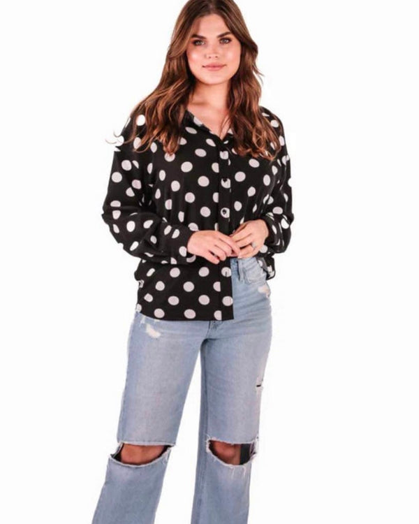 Black & White Polka Dot Long Sleeve Button Down Blouse