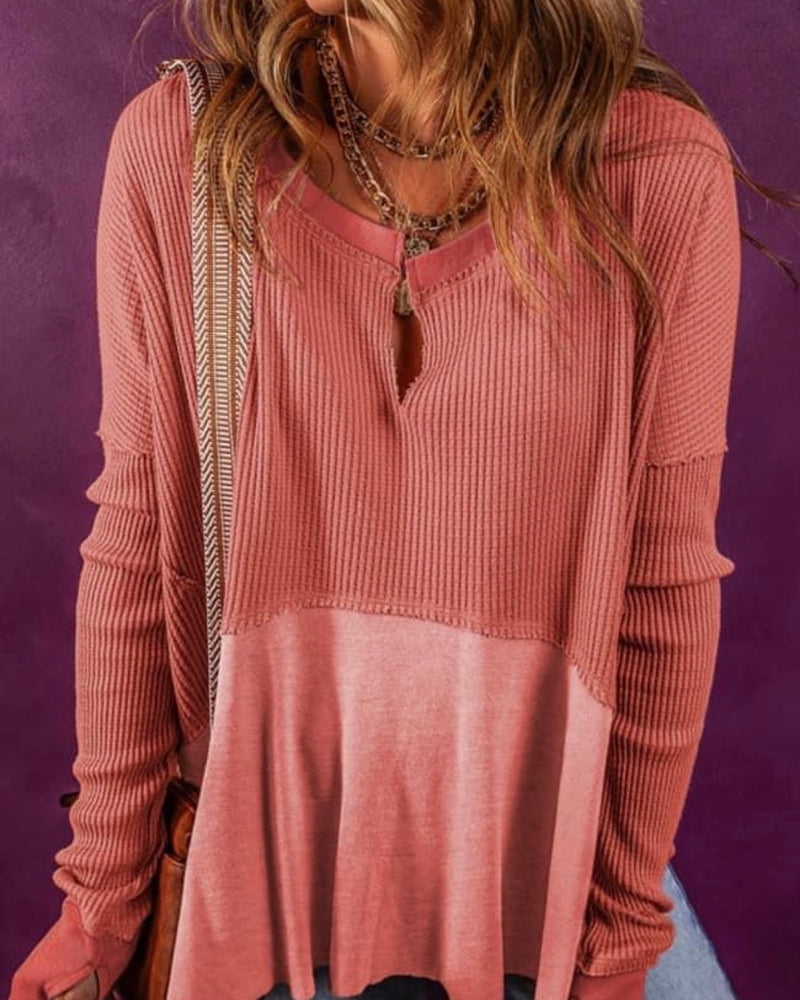 Salmon Waffle Knit Patch Top with Long Sleeves and Slit Neck