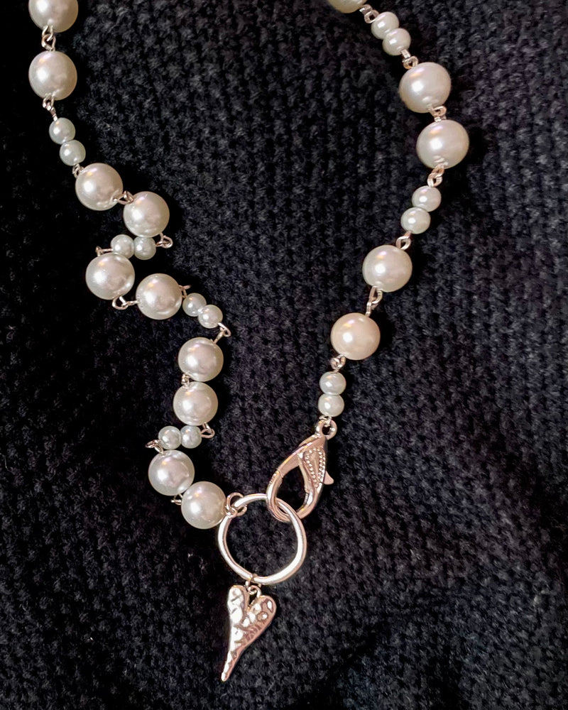 Short Layering Pearl Necklace with Silver Metal Heart Pendant Claw Closure
