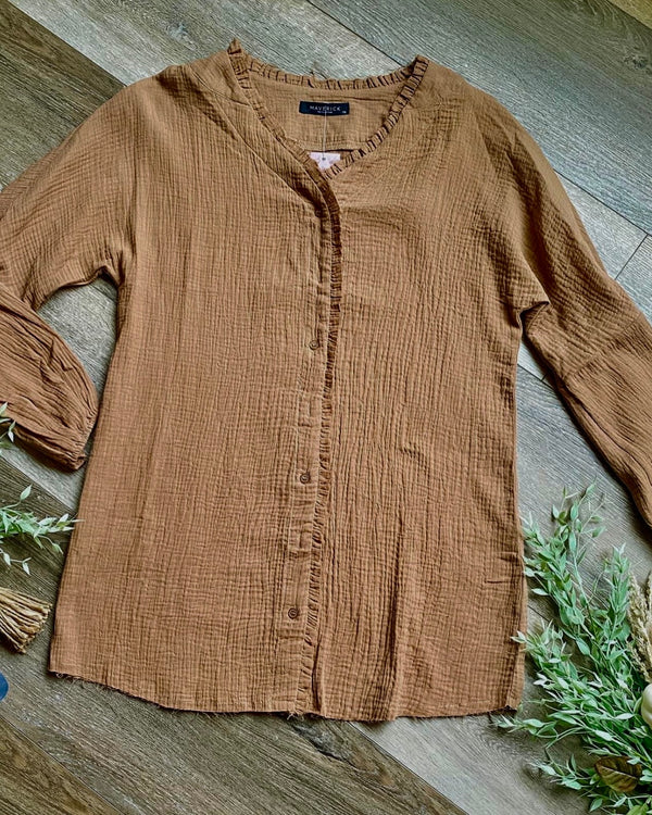 Brown Ruffle Front Button Down Soft Gauze Long Sleeve Tunic Top