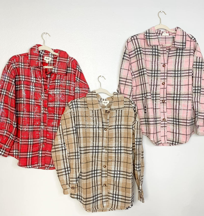 Pink, Tan or Red Plaid Button Down Slit Pocket Jacket Shacket w/Sequins