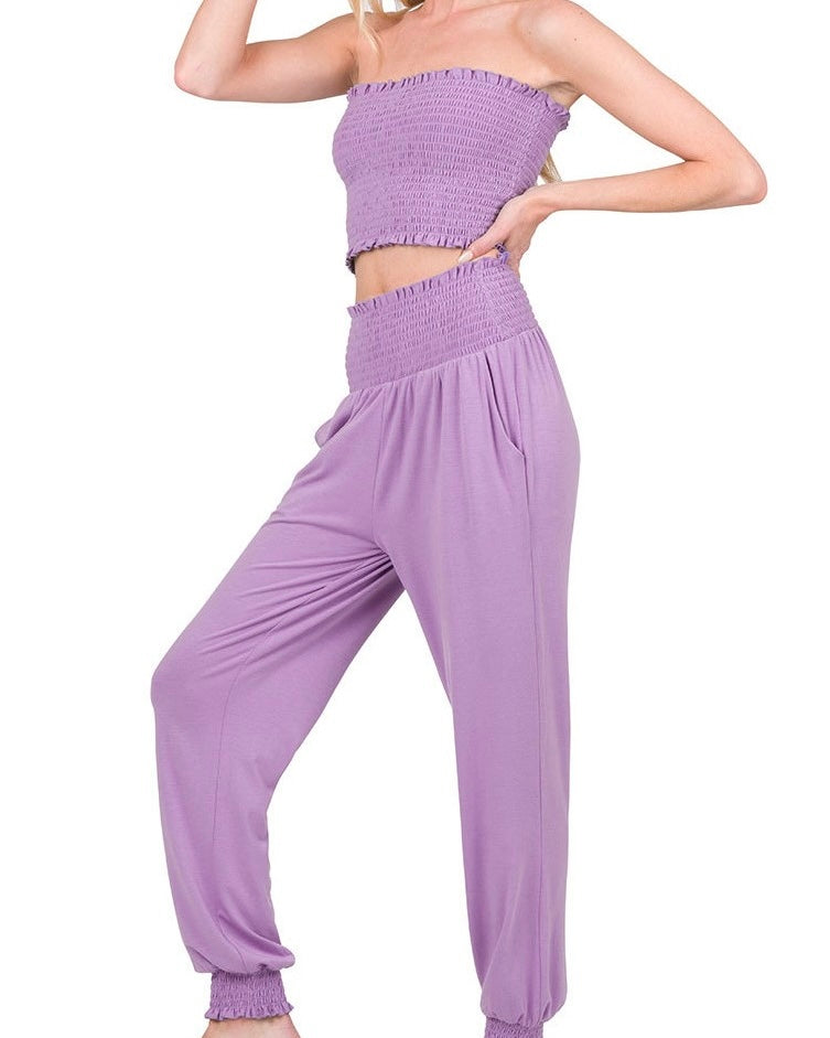 Lilac Purple 2 pc Bandeau Elastic Waist Pant Jogger Lounge Active Set