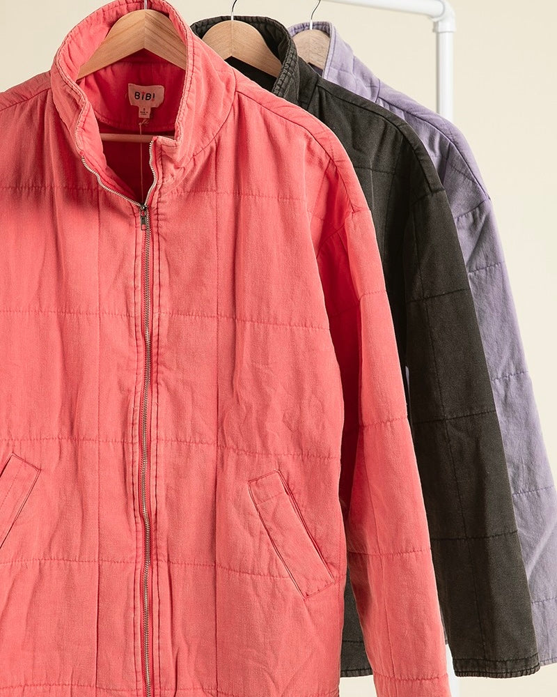 Pink Quilted Zip Front Wrinkle Gauze Raglan Sleeve Jacket w/Pockets