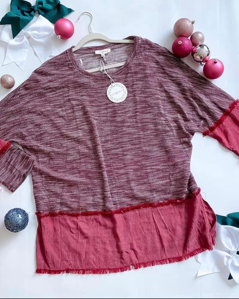 Plus Size Cranberry Burgandy Wine Light Knit Tunic Top with Frey Edges