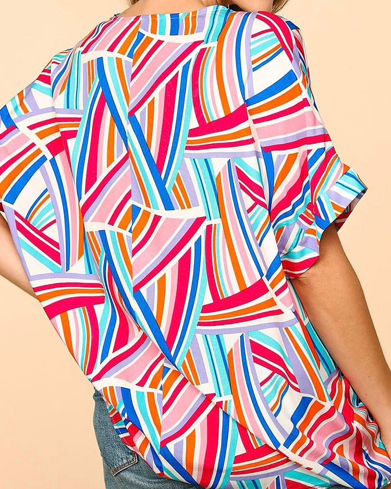 Red, White & Blue Multicolor Graphic Geometric Short Cuff Sleeve Boxy Top