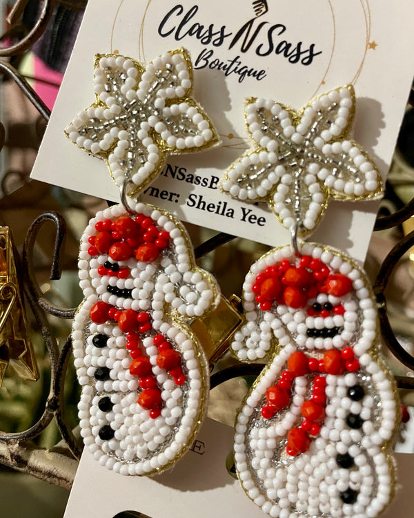 Beaded Red & White Snowman Snowflake  Festive Christmas Earrings