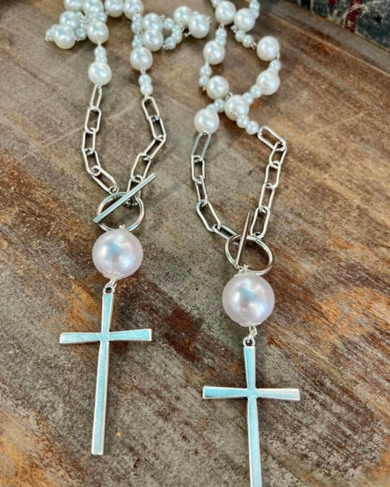 Pearl Necklace with Silver Cross Pendant