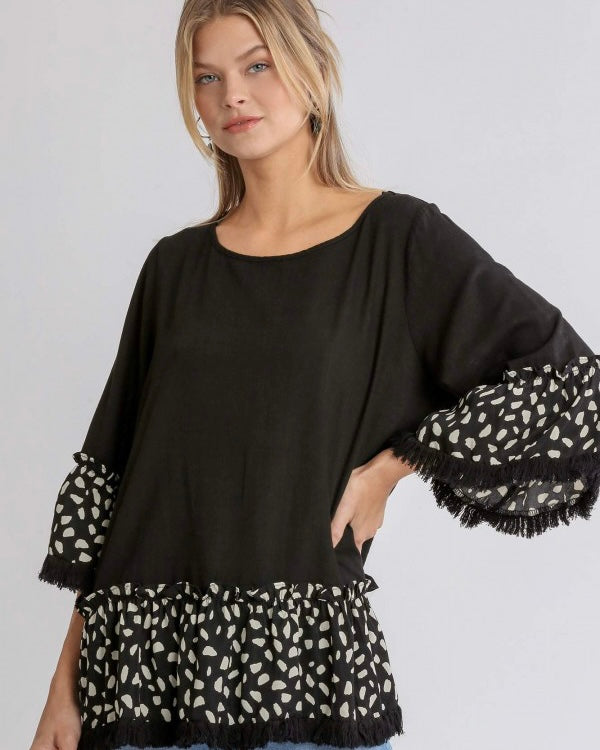 Plus Size Black Raw Edge Top with Leopard Ruffle Sleeve and Hemline Top
