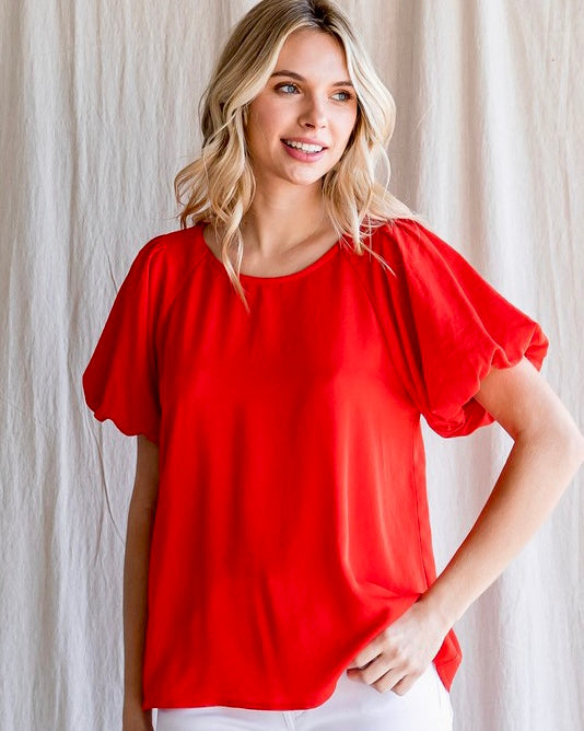 Plus Red Rounded Neckline Short Bubble Puff Sleeve Blouse