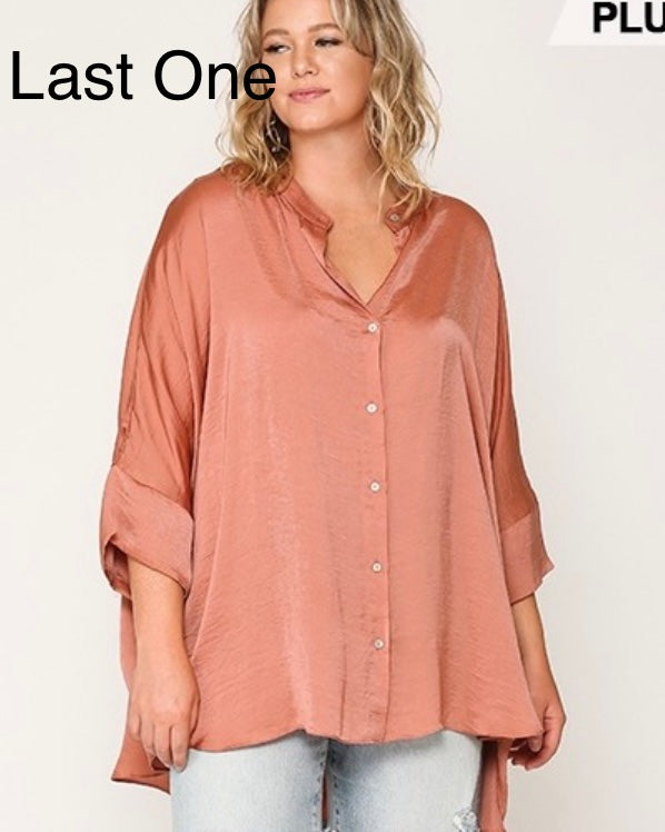 Copper Satin Flowy Short Sleeve Button Front Tunic Blouse