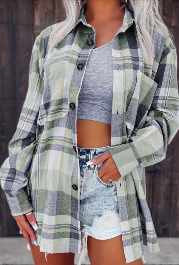 Green White & Navy Blue Plaid Button Down Long Sleeve Shirt