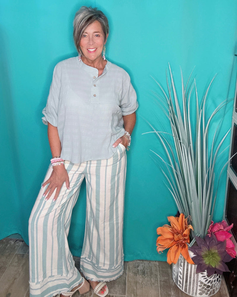 Seafoam Mint Blue Green Vertical Stripe Wide Leg Fray Edge Elastic Waist Pant