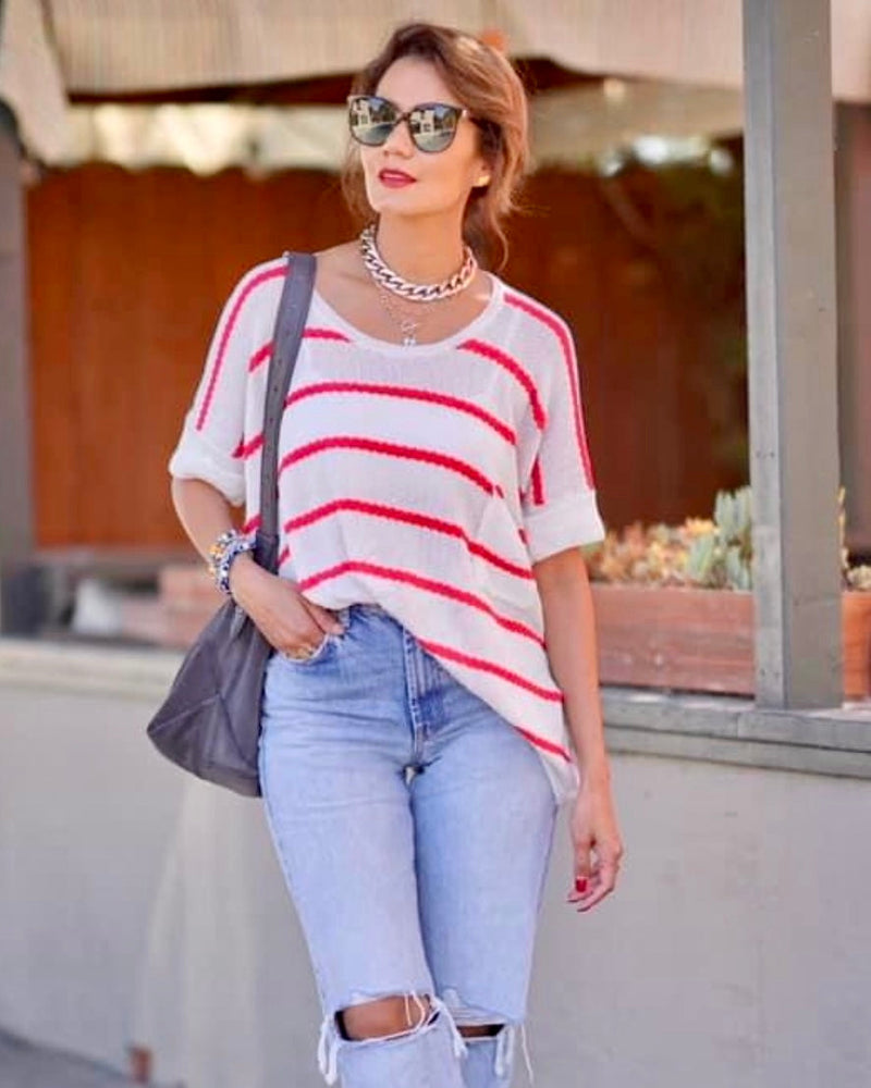 Lightweight White Knit Sweater with Red Horizontal Stripe Short Sleeve Top