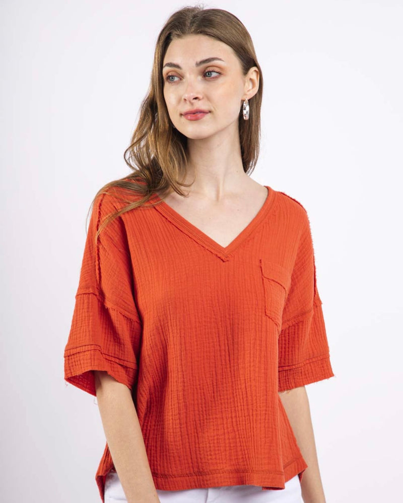 Pumpkin Spice Brick Red Rust Lightweight Gauze Raw Edge Short Sleeve Top