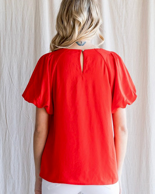 Plus Red Rounded Neckline Short Bubble Puff Sleeve Blouse