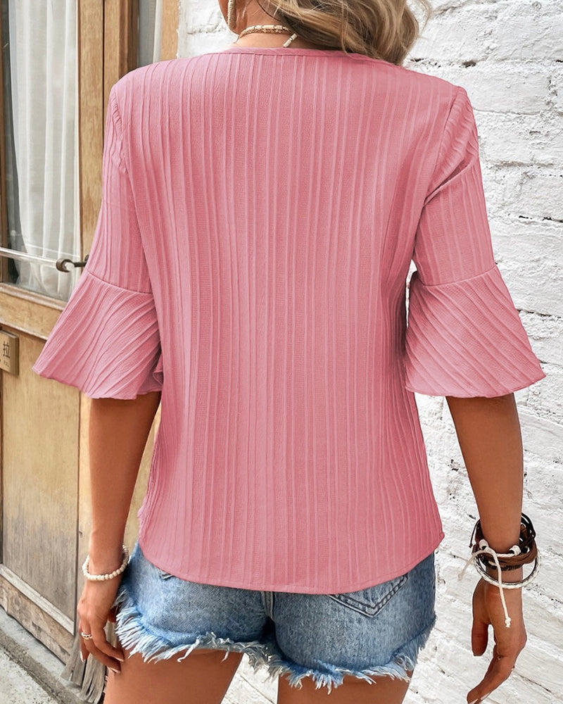 Light Pink Textured Ruffle Elbow Flare Sleeve Pullover Slight Vneck Top