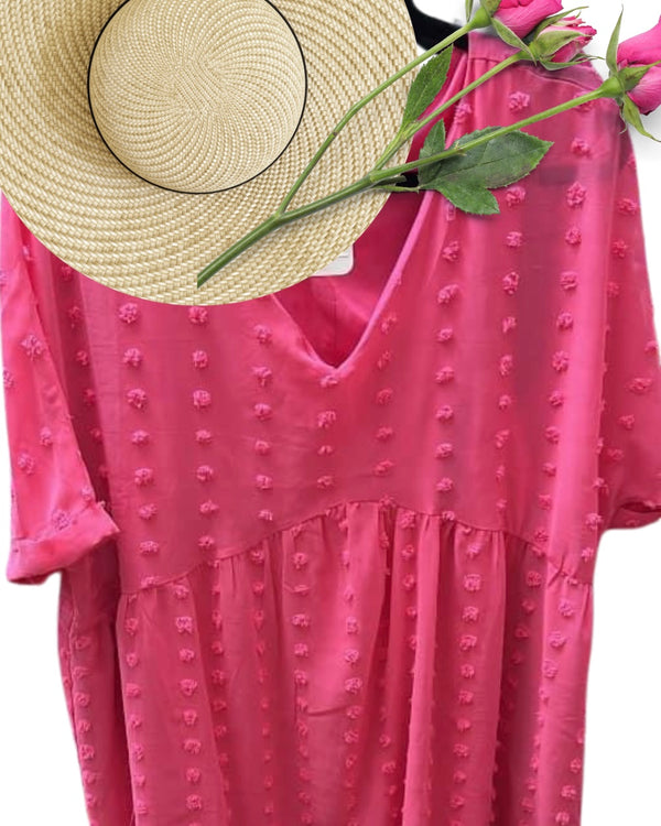 Plus Size Hot Pink Swiss Dot Short sleeve Dress