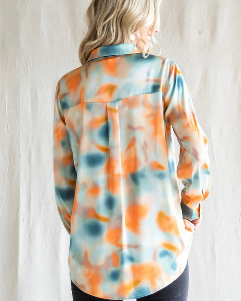 Orange & Green Teal Tie Dye print on White Button Down Collared Long Sleeve Top