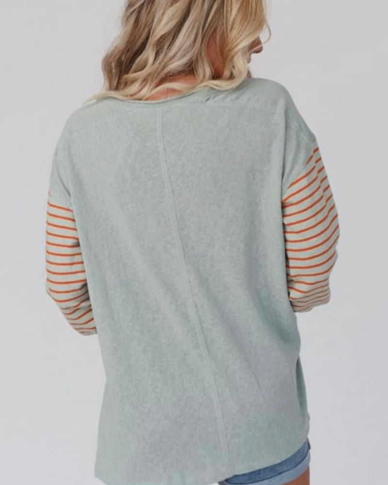 Terra Cotta and Blue Color Block Striped Sleeves Pullover Top