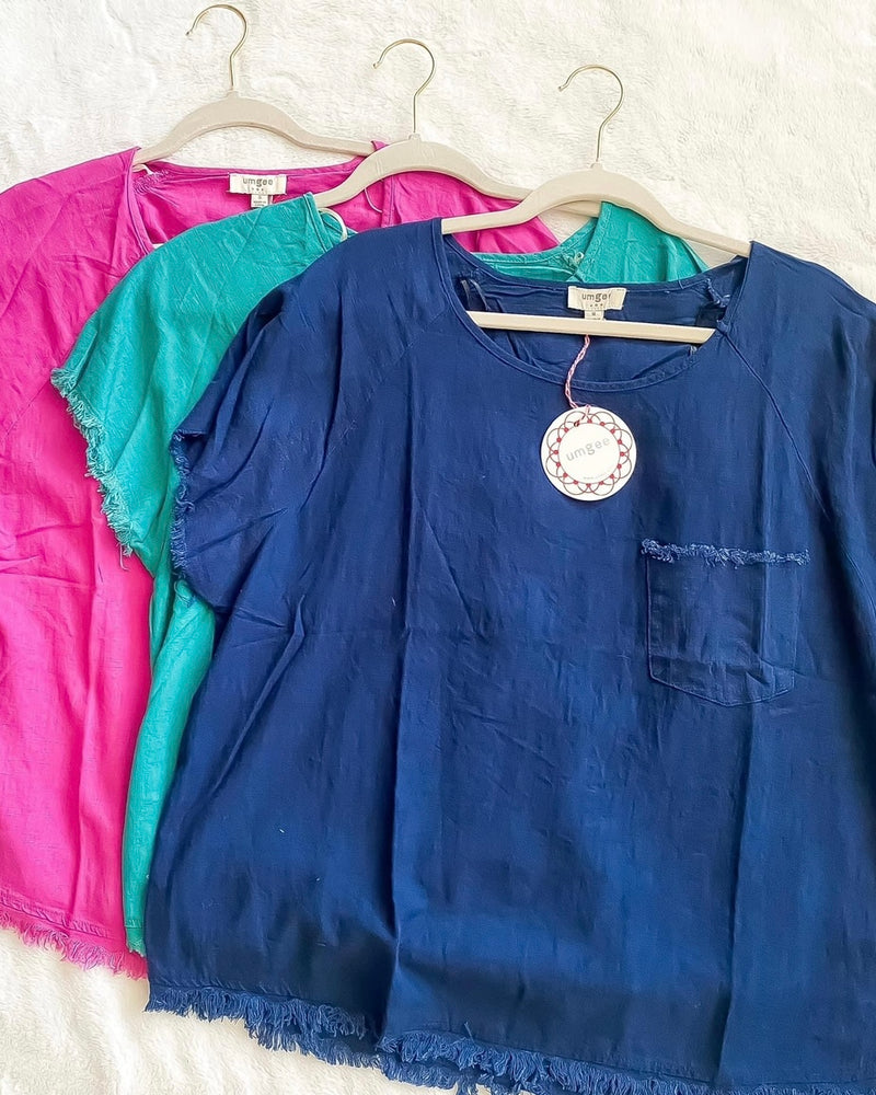 Navy Blue, Teal Green or Magenta Pink Gauze Freyed Front Pocket Top