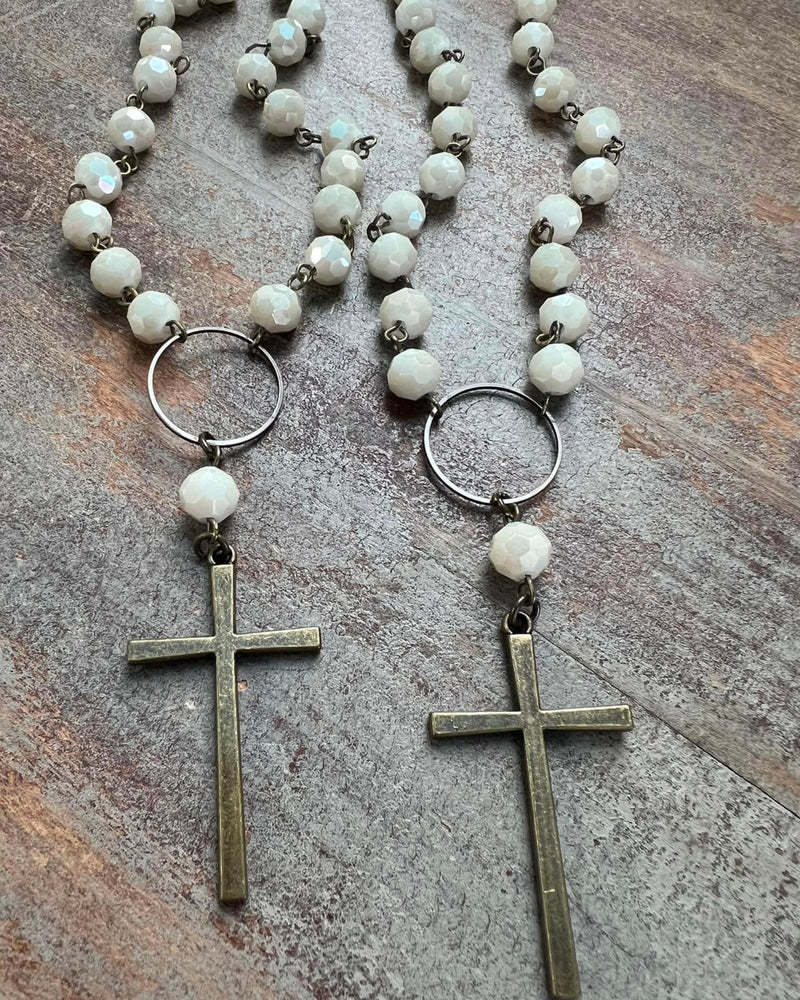 Neutral Sparkly Beaded Necklace with Small Gun Metal Cross Pendant