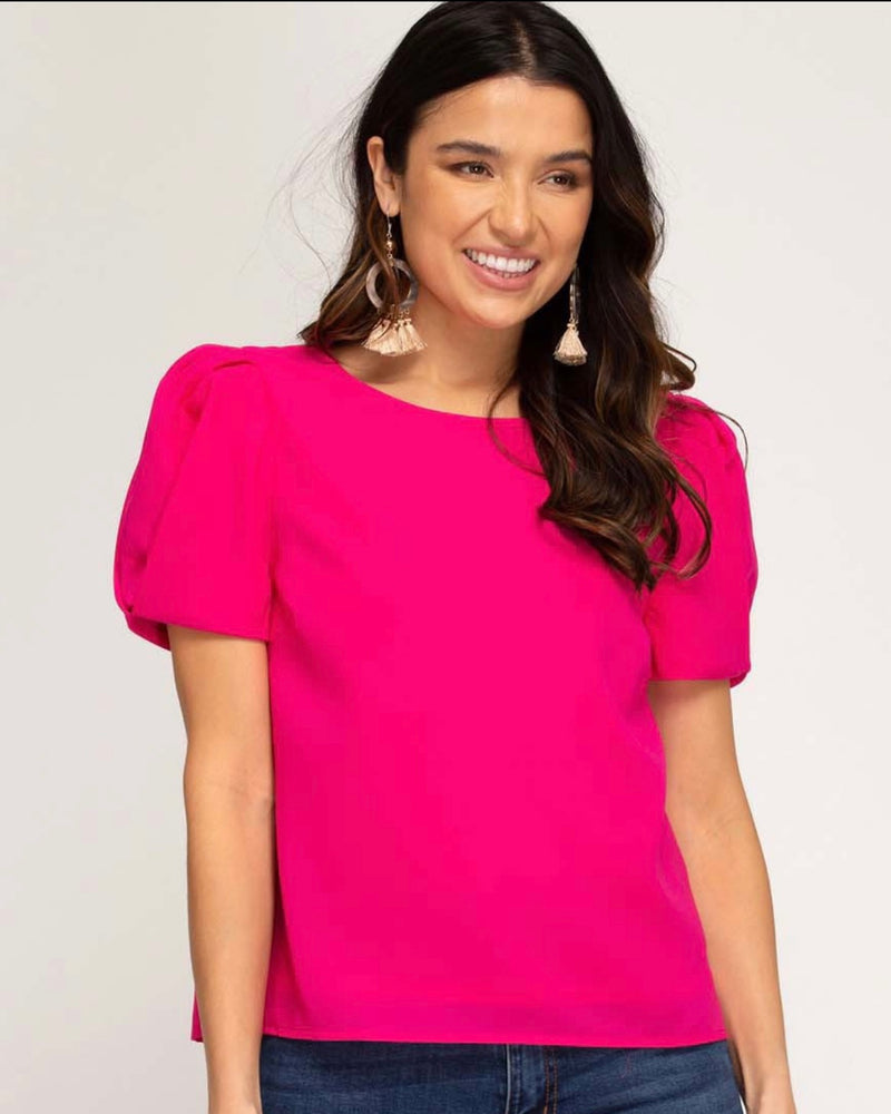 Solid Pink Rounded Neckline Short Bubble Puff Sleeve Blouse