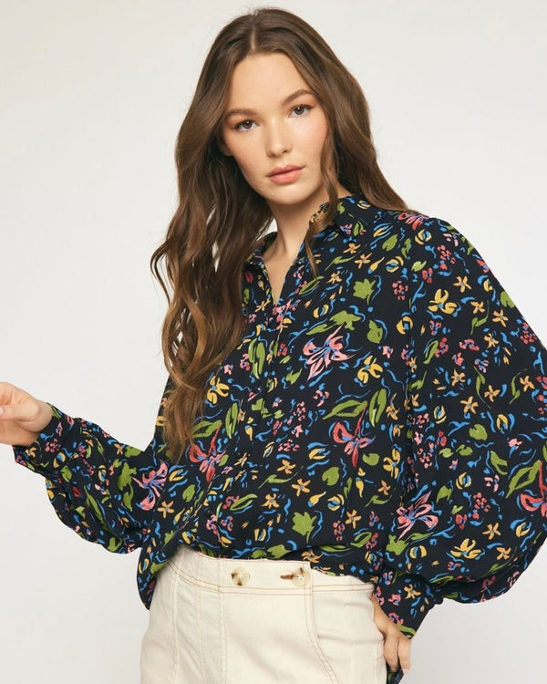 Black Multi Floral Print Collared Button Up Long Sleeve Blouse