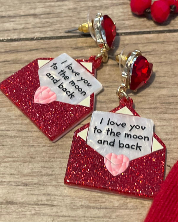 I Love You to the Moon Vday Valentine Day red or pink Earrings