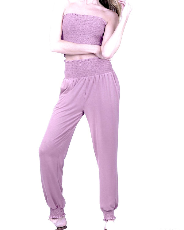 Lilac Purple 2 pc Bandeau Elastic Waist Pant Jogger Lounge Active Set