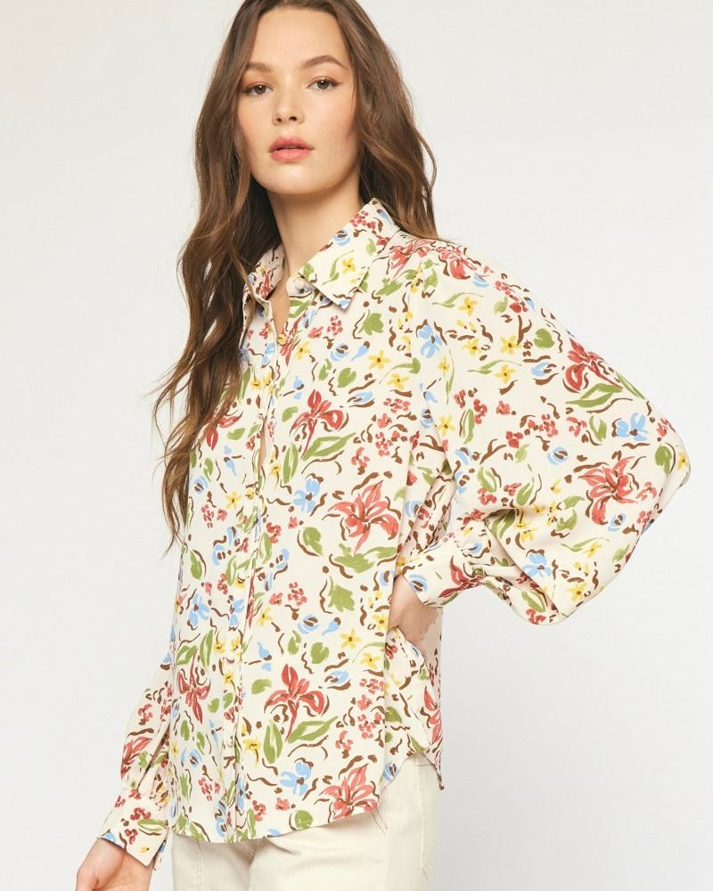 Cream Multi Floral Print Collared Button Up Long Sleeve Balloon Blouse