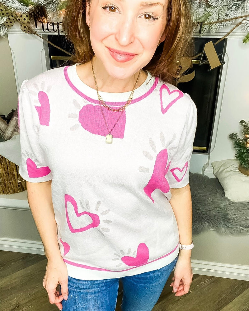 Valentine's Day White with Sweetheart Pink Hearts Short Sleeve Sweater