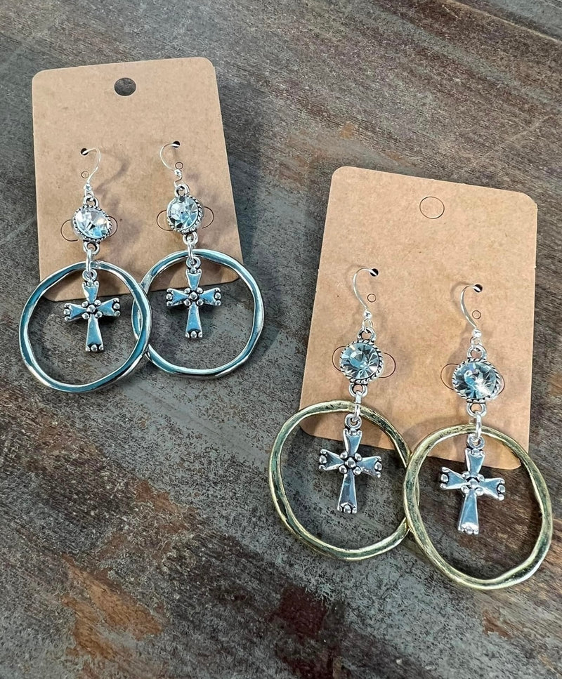 Silver Dangle Cross inside Circle Drop and Rhinestone Earrings
