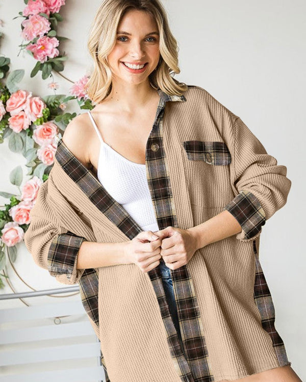 Tan Thermal Waffle Oversized Button Down Pocket Flannel Trim Long Sleeve Shacket Top