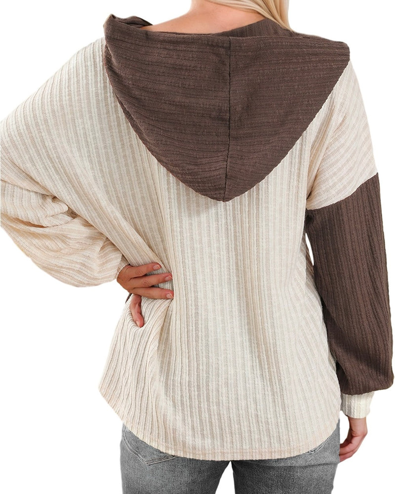 Cream & Brown Ribbed Chest Pocket Color Block Pullover Hoodie