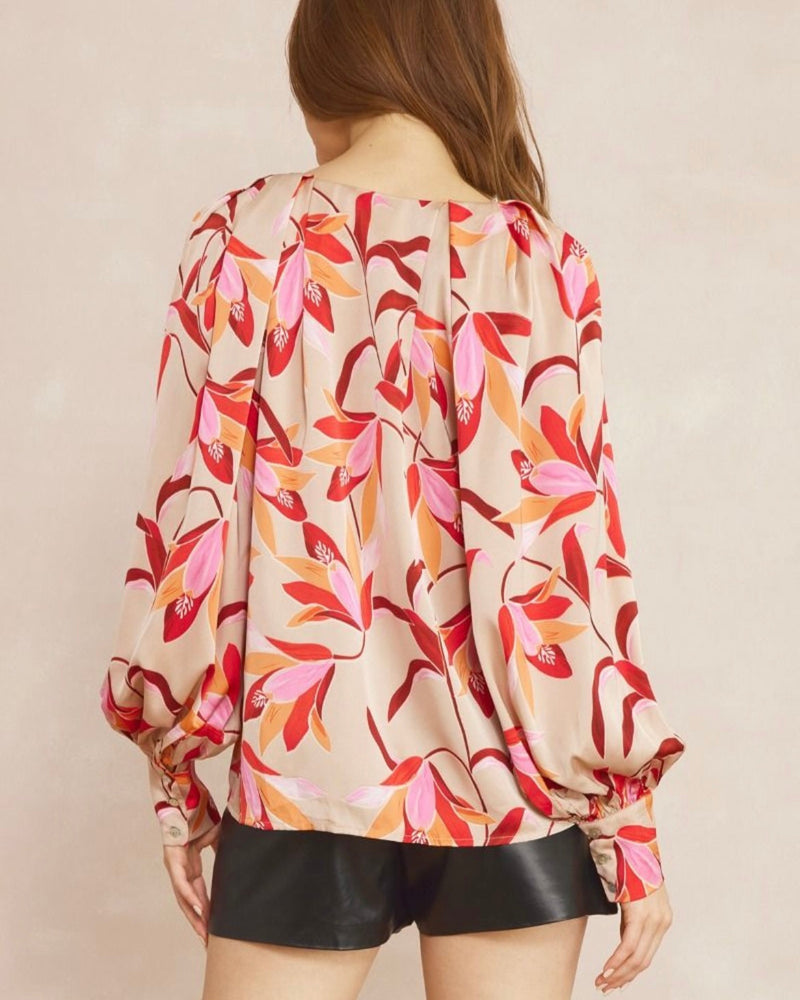 Pintuck Pleated Shoulder Tan Tropical Orange & Red Tulip Flowers Long Sleeve Top