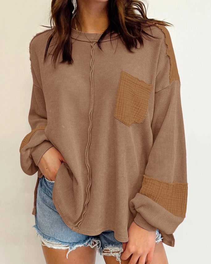 Oversized & Plus Size Grey or Terra Cotta Mix Media Patchwork Fabric Gauze Exposed Seam Waffle Front Pocket Top